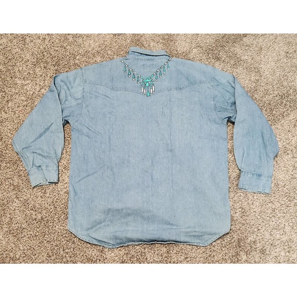 Vintage 90s Field Gear Western Embroidered Chambray Denim Shirt Womens Large L - Picture 2 of 6